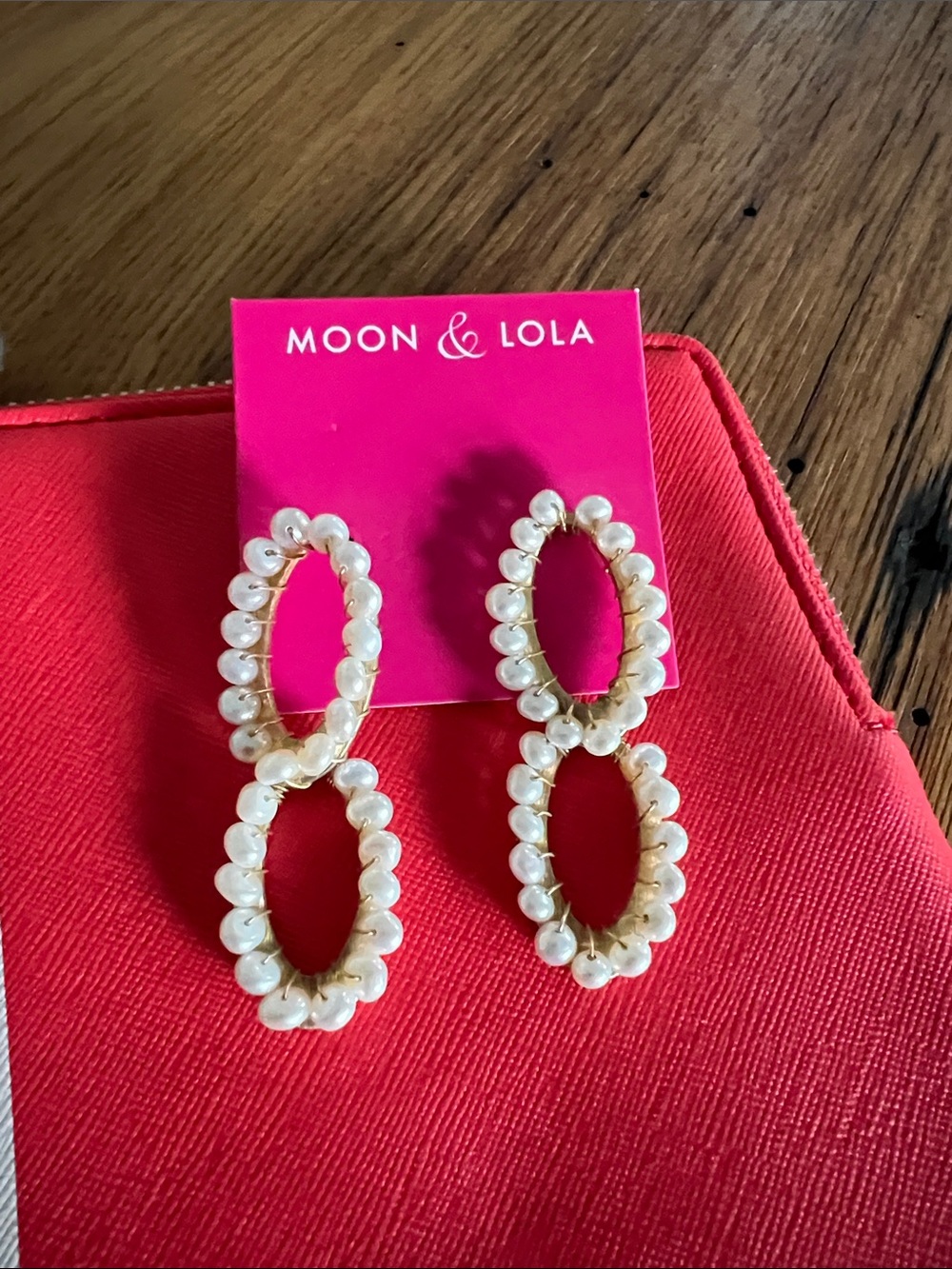 Gold-Tone Double Oval Pearl Drop Earrings - White Pearls Moon & Lola